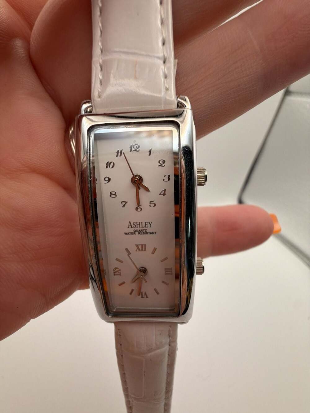 Ashley Quartz Dual Time Double Face Watch LB-5091L White Leather Strap